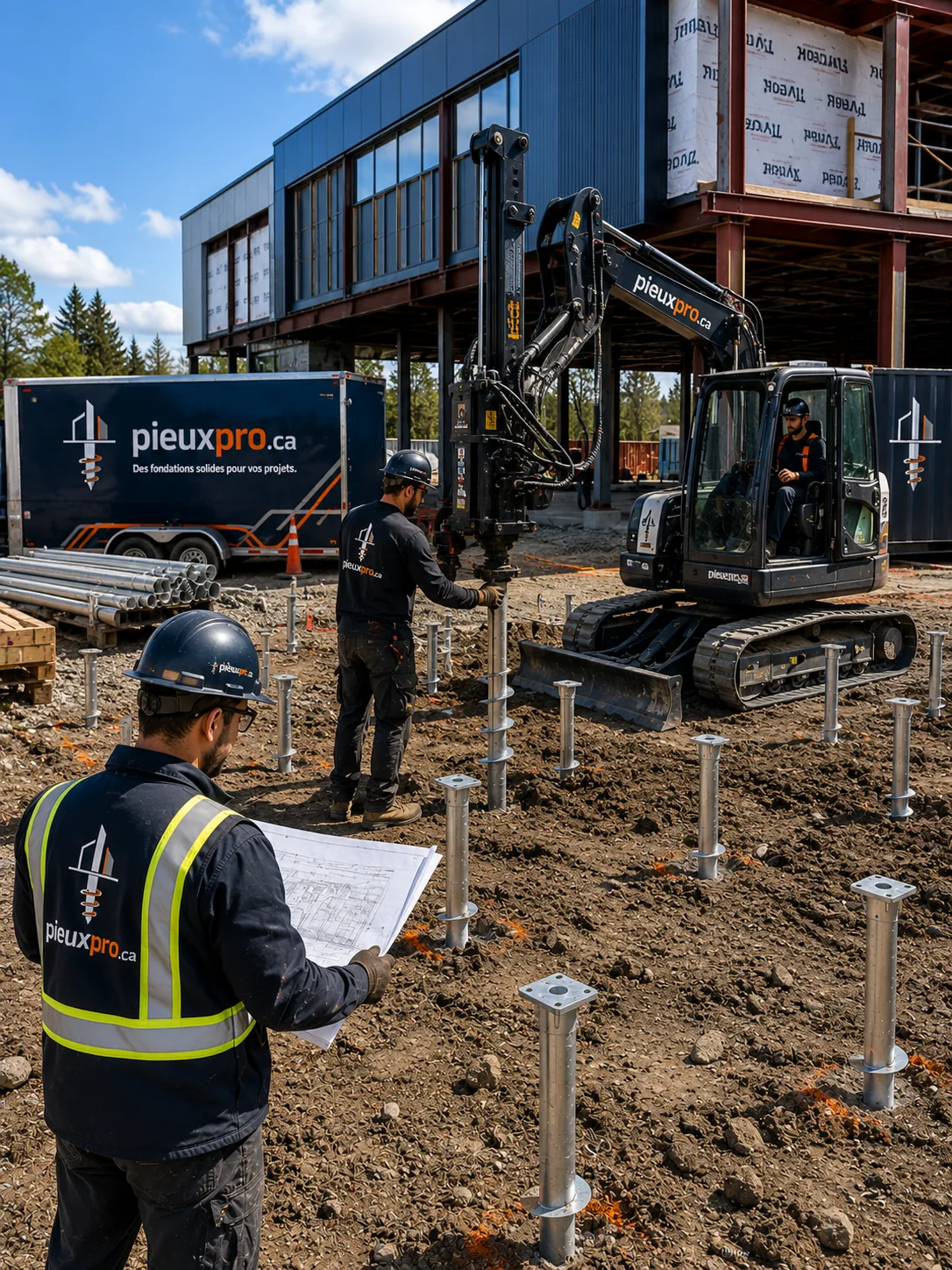 Chantier commercial avec plusieurs pieux d'acier installés et une pelle mécanique