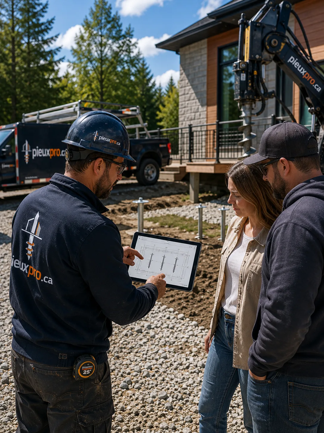 Installateur présentant un plan sur tablette à deux clients devant un chantier